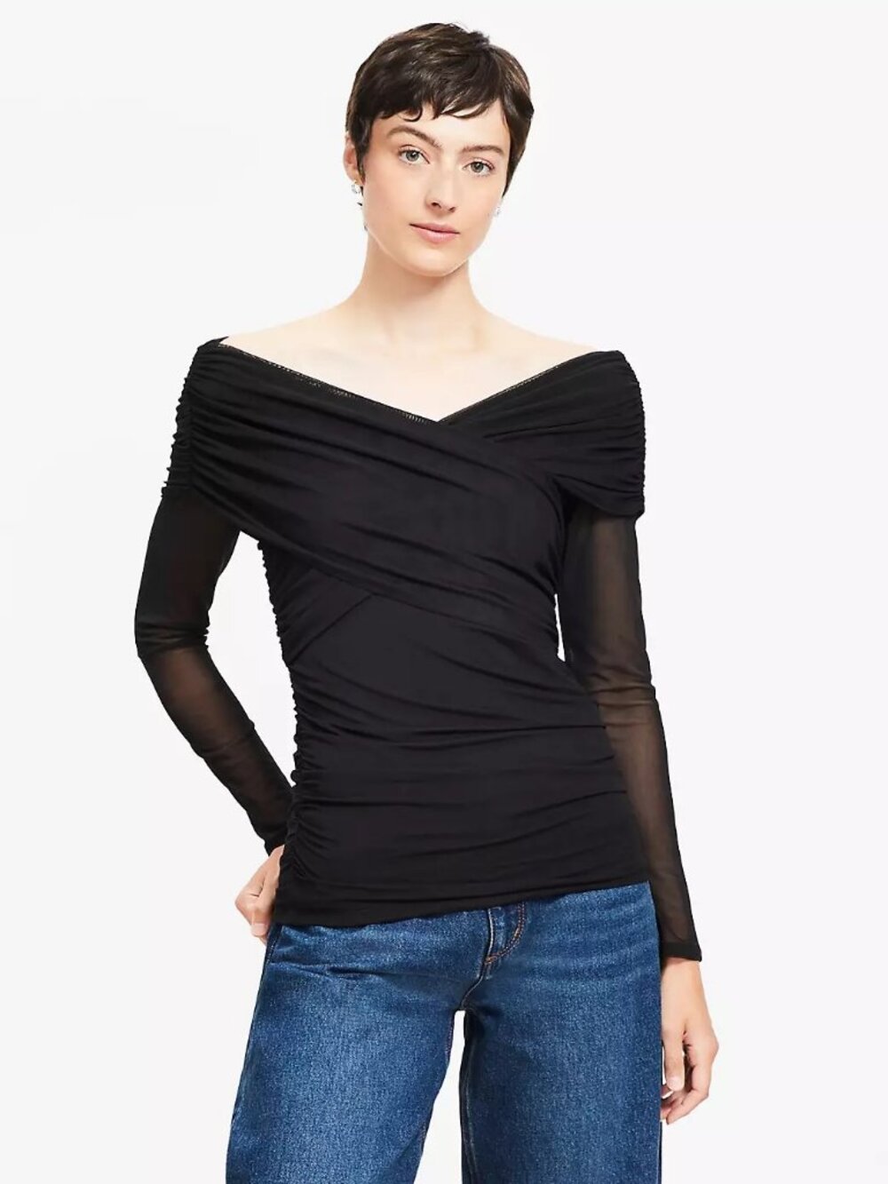 LOFT Women's Black Mesh Ruched Off the Shoulder Top Large NWT